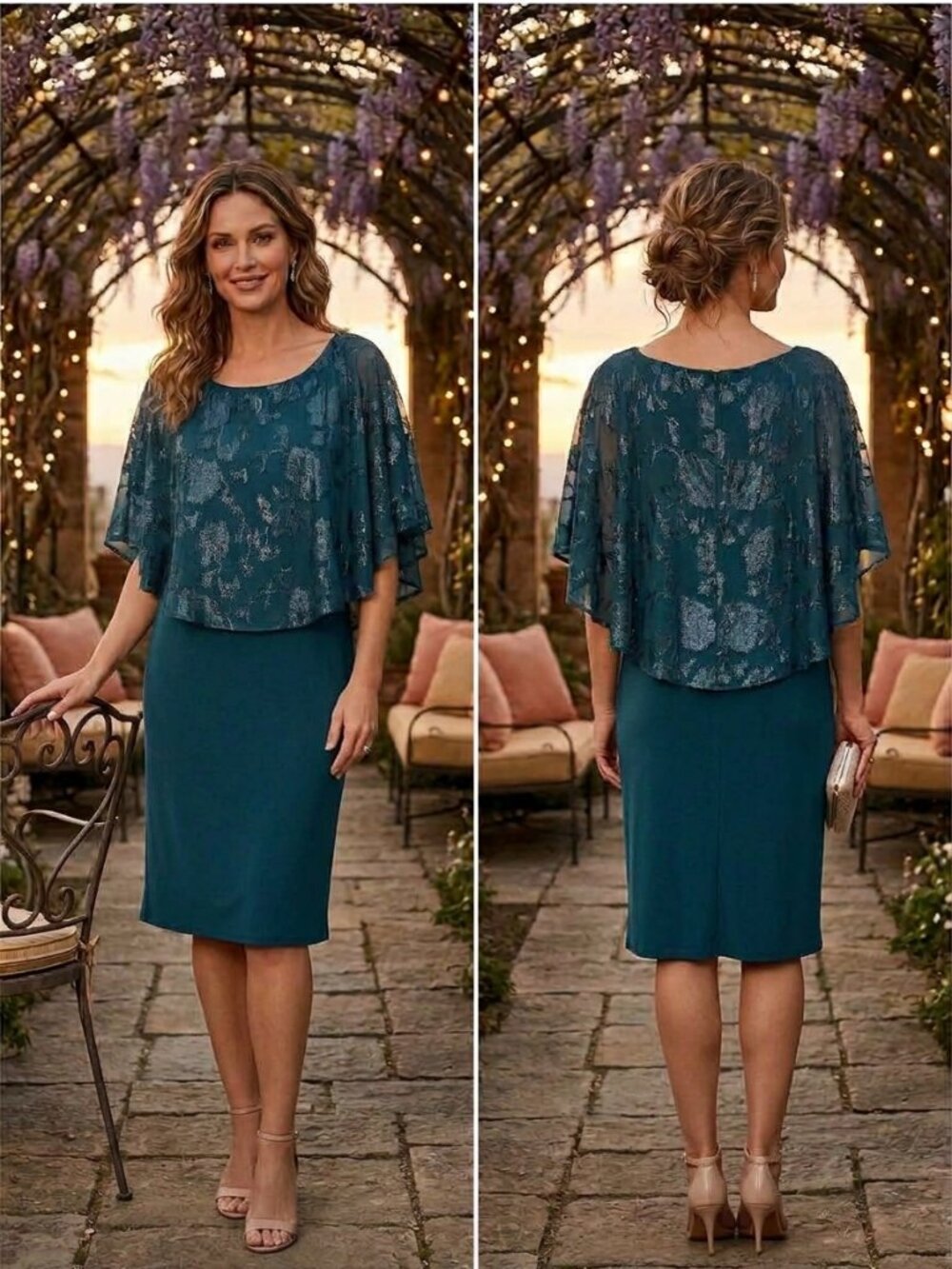 NWT Connected Apparel Womens 14 Dark Mallard Teal Metallic Floral Capelet Dress